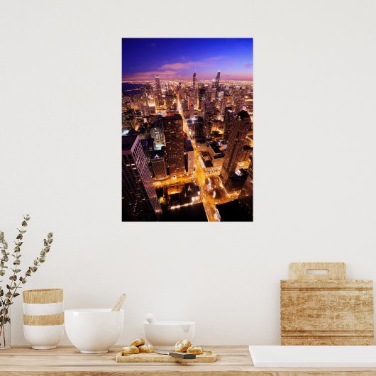 Cityscape in de nacht van Chicago Poster (Keuken)