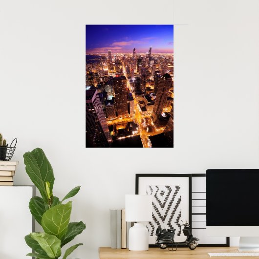 Cityscape in de nacht van Chicago Poster (Thuiskantoor)