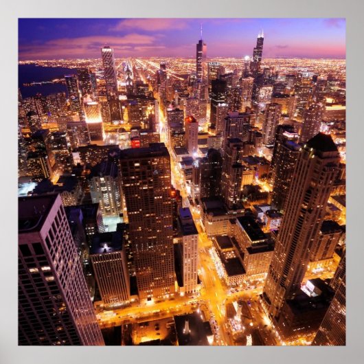 Cityscape in de nacht van Chicago Poster (Voorkant)