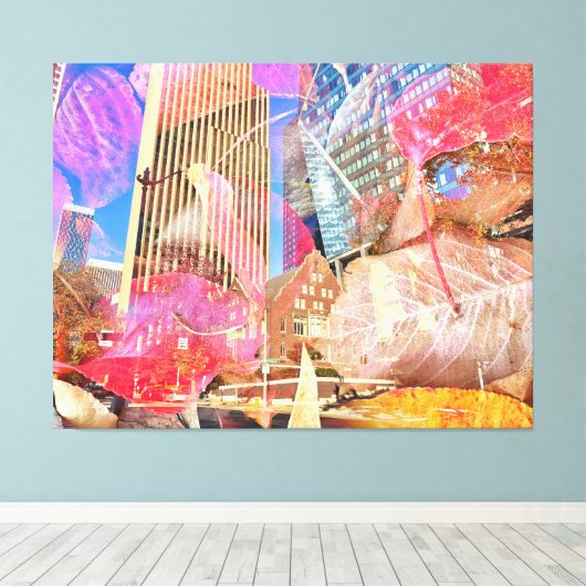 Cityscape met rode herfstbladeren Abstract overtro Canvas Afdruk (Insitu (Houten vloer))