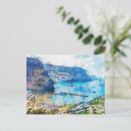 Cityscape Puerto de Morgan op Gran Canaria. Verf. Briefkaart (Staand voorkant)