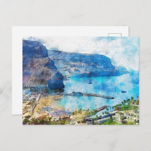 Cityscape Puerto de Morgan op Gran Canaria. Verf. Briefkaart (Voorkant / Achterkant)