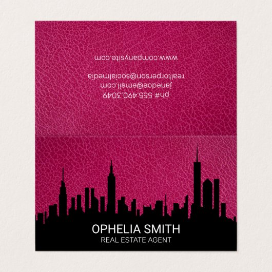 Cityscape Real Estate Agent | Roze leder Visitekaartje (Buitenkant ongevouwen)