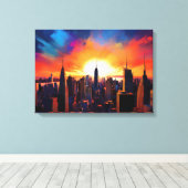 Cityscape Silhouette bij zonsondergang Canvas Afdruk (Insitu (Houten vloer))