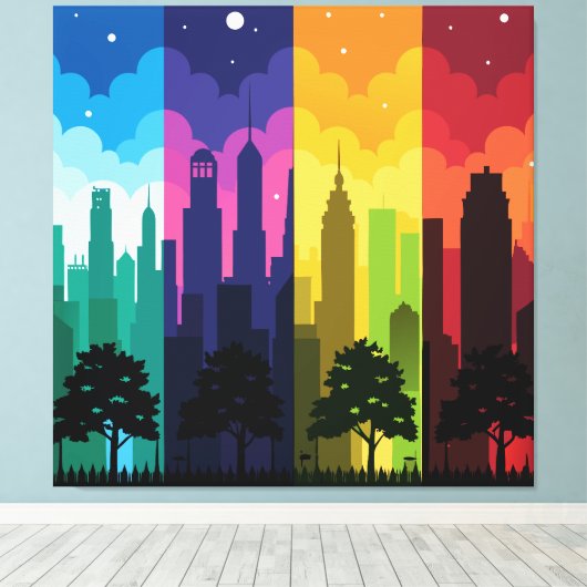 Cityscape Silhouette Seizoenen Canvas Afdruk (Insitu (Houten vloer))