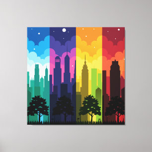 Cityscape Silhouette Seizoenen Canvas Afdruk