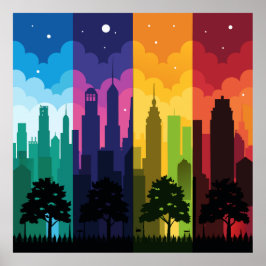 Cityscape Silhouette Seizoenen Poster