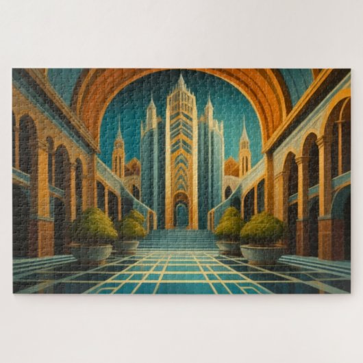 Cityscape Uitzicht gedempte kleuren Art Deco stijl Legpuzzel (Horizontaal)