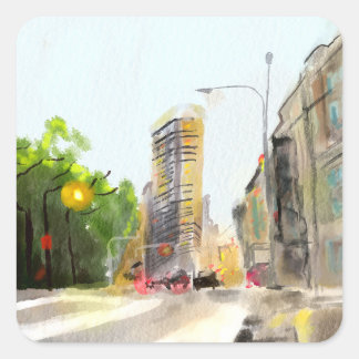 Cityscape waterverf schilderij vierkante sticker