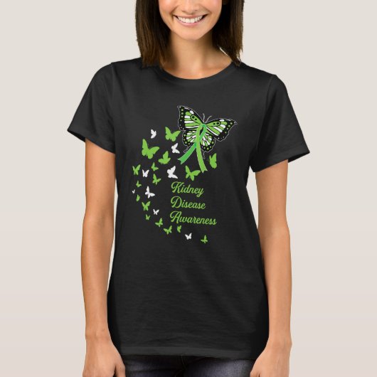 CKD Nierziekte Bewustzijn Groene Vlinders Rib T-shirt (Voorkant)