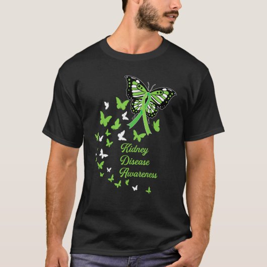CKD Nierziekte Bewustzijn Groene Vlinders Rib T-shirt (Voorkant)