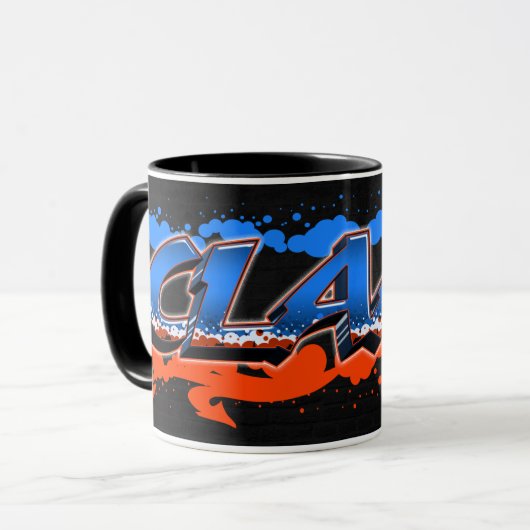 Claas Vorname Name Graffiti blue orange Tasse Mok (Voorkant links)