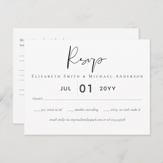 Claassic White Script RSVP MENU Budget (Voorkant / Achterkant)