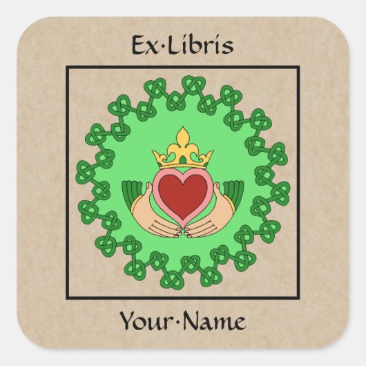 Claddagh en Green Knotwork Bookplate Vierkante Sticker (Voorkant)