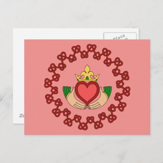 Claddagh en Red Knotwork op roze Briefkaart (Voorkant / Achterkant)