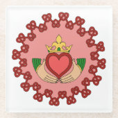 Claddagh en Red Knotwork op roze Glazen Onderzetter (Voorkant)
