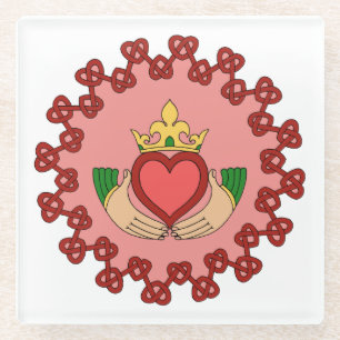Claddagh en Red Knotwork op roze Glazen Onderzetter