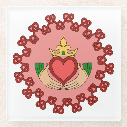 Claddagh en Red Knotwork op roze Glazen Onderzetter (Voorkant)