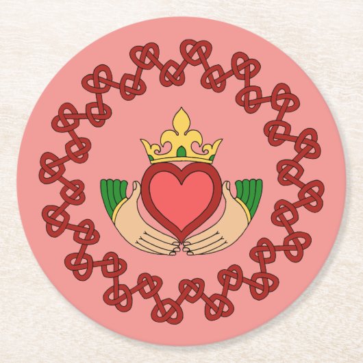Claddagh en Red Knotwork op roze Ronde Kartonnen Onderzetter (Voorkant)
