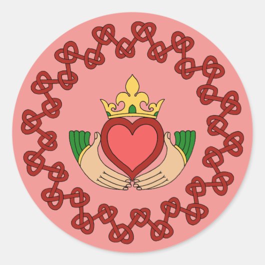 Claddagh en Red Knotwork op roze Ronde Sticker (Voorkant)