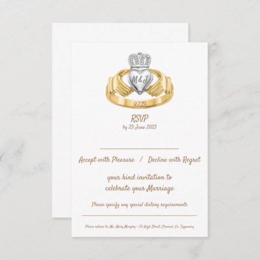 Claddagh Ring Wedding RSVP met Initialen en datum (Voorkant / Achterkant)
