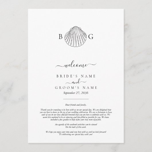 Clam Seashell Monogram Bruiloft Route Programmakaart (Voorkant)