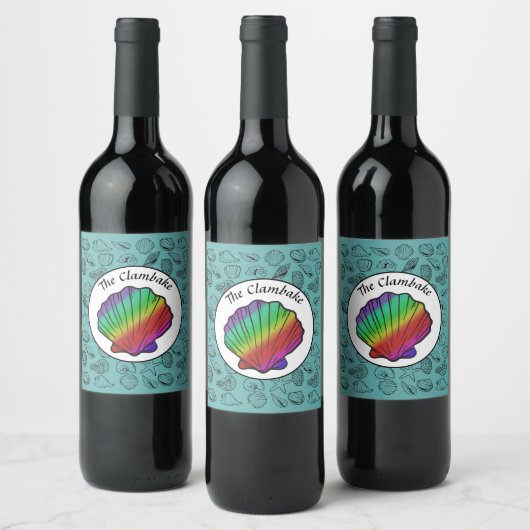 Clambake Rainbow Clam Shellfish Pattern Wijn Etiket (Flessen)