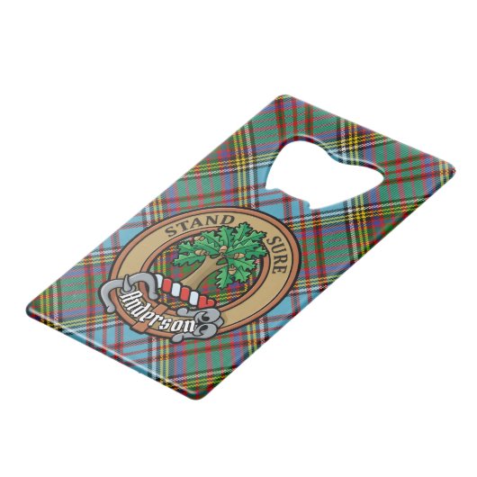 Clan Anderson Crest over Tartan Creditkaart Flessenopener (Voorkant Gekanteld)
