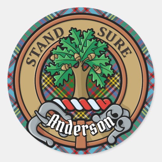 Clan Anderson Crest over Tartan Ronde Sticker (Voorkant)