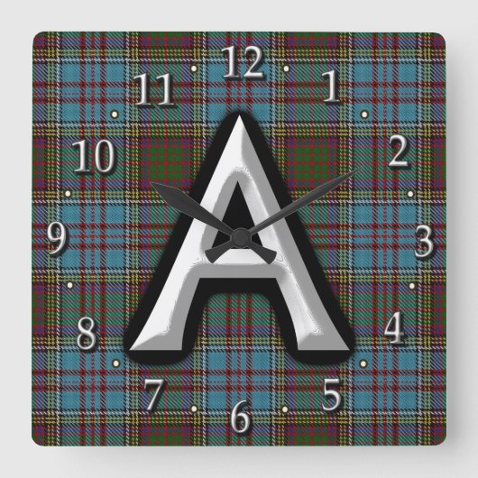 Clan Anderson Letter A Monogram Tartan Vierkante Klok (Voorkant)