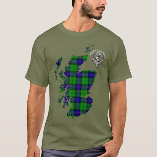 Clan Armstrong Tartan Map & Crest T-shirt (Voorkant)