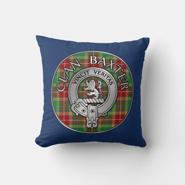 Clan Baxter Crest & Tartan Kussen (Voorkant)