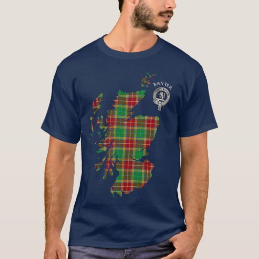 Clan Baxter Tartan Map & Crest T-Shirt (Voorkant)