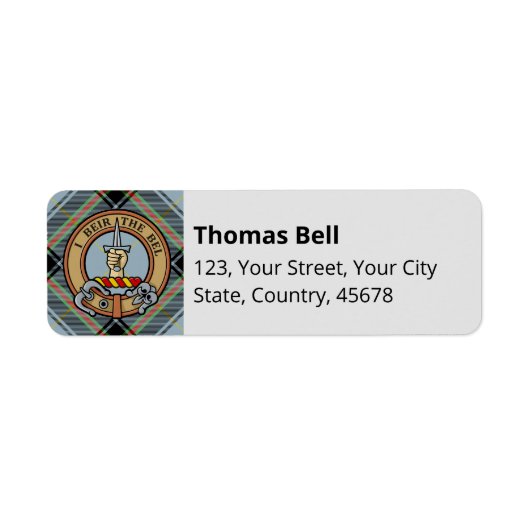 Clan Bell Crest boven Tartan Etiket (Voorkant)