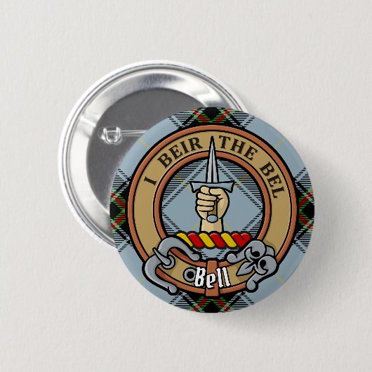 Clan Bell Crest boven Tartan Ronde Button 5,7 Cm (Voorkant /achterkant)