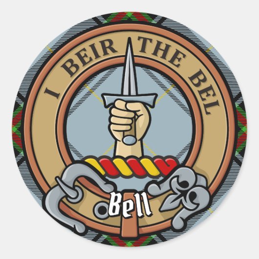 Clan Bell Crest boven Tartan Ronde Sticker (Voorkant)