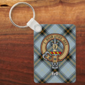 Clan Bell Crest boven Tartan Sleutelhanger (Voorkant)