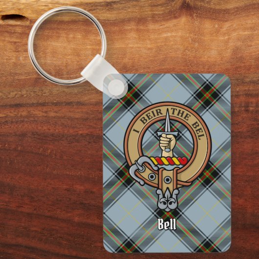 Clan Bell Crest boven Tartan Sleutelhanger (Voorkant)