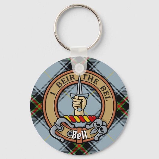 Clan Bell Crest boven Tartan Sleutelhanger (Voorkant)