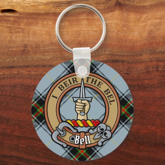 Clan Bell Crest boven Tartan Sleutelhanger (Voorkant)