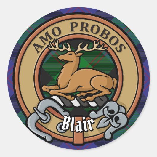 Clan Blair Crest over Tartan Ronde Sticker (Voorkant)
