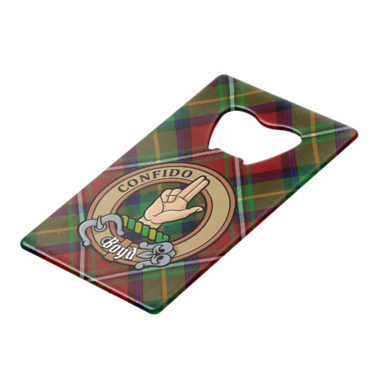 Clan Boyd Crest over Tartan Creditkaart Flessenopener (Voorkant Gekanteld)
