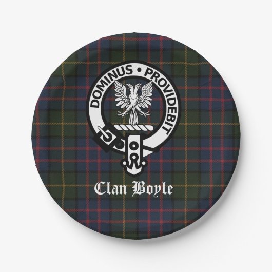 Clan Boyle Crest Badge en Tartan Papieren Bordje (Voorkant)
