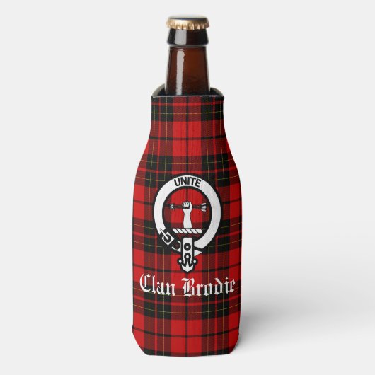 Clan Brodie Crest Badge en Tartan Flesjeskoeler (Fles Voorkant)