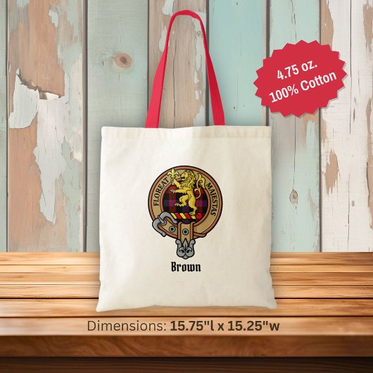 Clan Brown Crest over Tartan Tote Bag