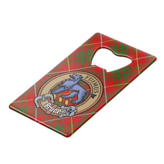 Clan Bruce Crest over Tartan Creditkaart Flessenopener (Voorkant Gekanteld)