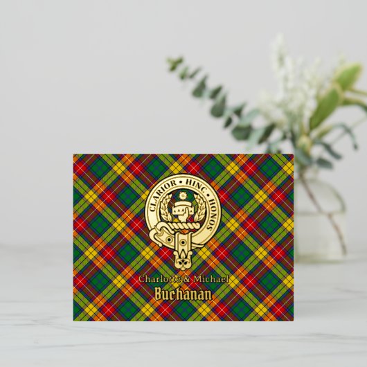 Clan Buchanan Crest over Tartan Folie Uitnodiging Briefkaart (Staand Voorkant)