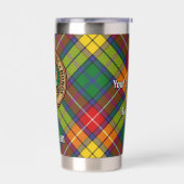 Clan Buchanan Crest over Tartan Geïsoleerde Drinkbeker (Links)