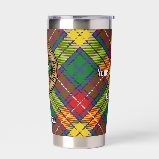 Clan Buchanan Crest over Tartan Geïsoleerde Drinkbeker (Links)