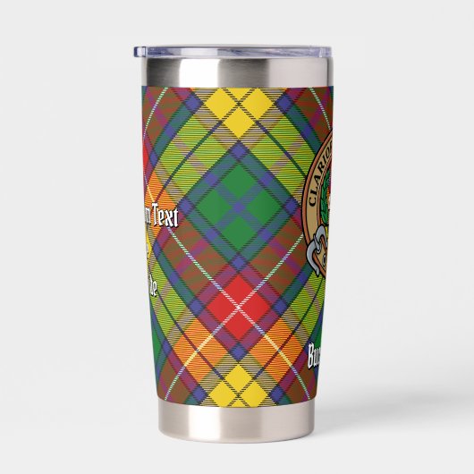 Clan Buchanan Crest over Tartan Geïsoleerde Drinkbeker (Rechts)
